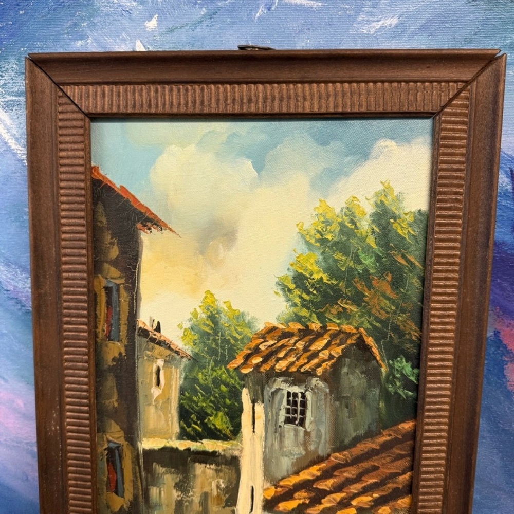 Framed Village Landscape Oil Painting in French country - Picture 2 of 7